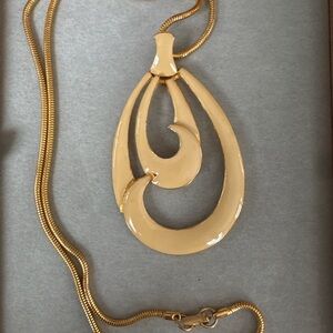 Vintage DC Gold Tone Cream Enamel Statement Pendant Necklace 1980s